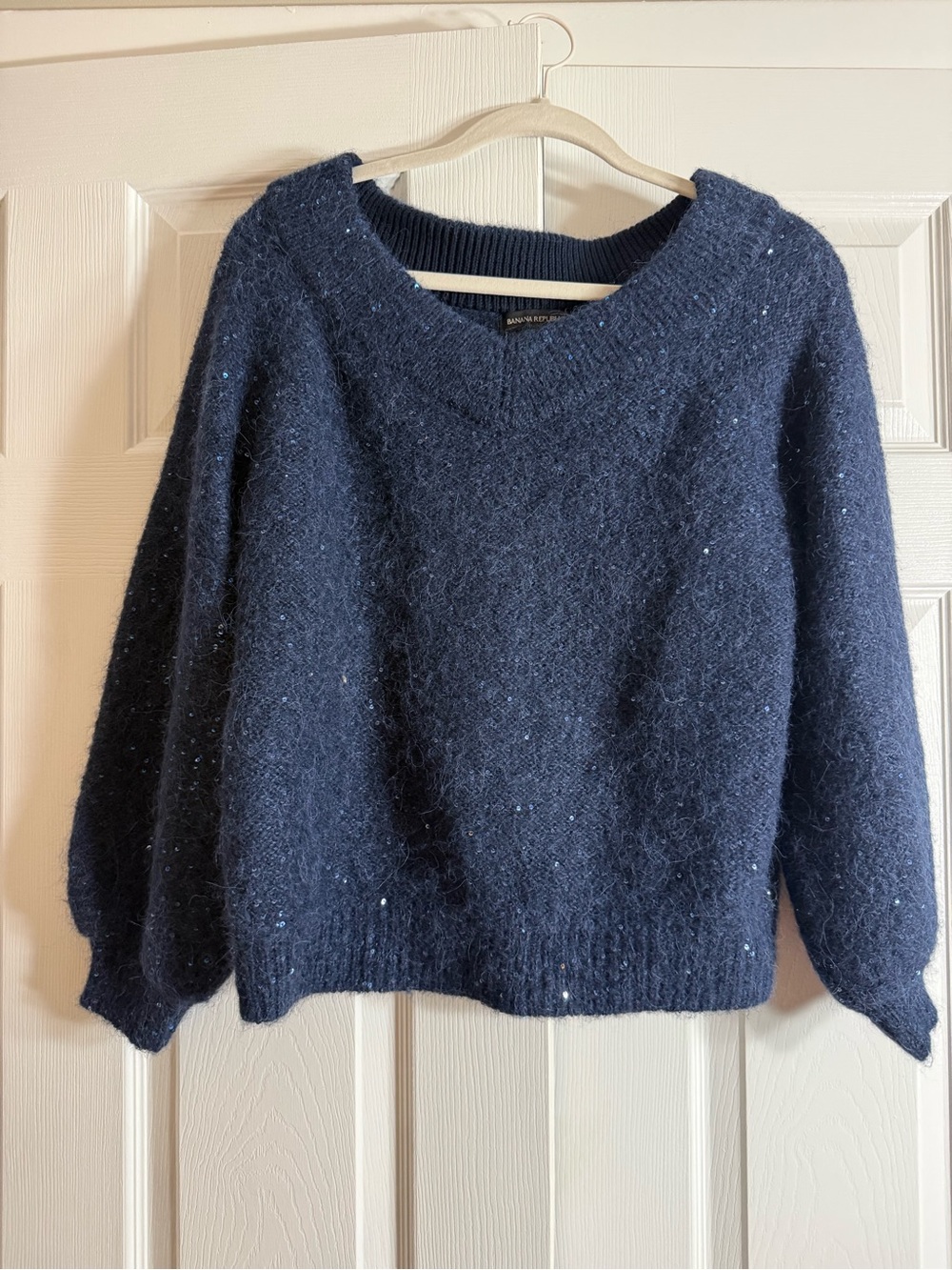 Banana Republic Navy Off-the-Shoulder Fuzzy Sweater